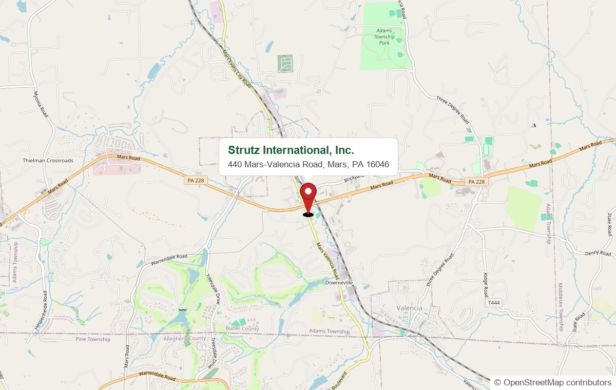 Map showing Strutz International at 440 Mars-Valencia Road, Mars, PA, between Mars and Valencia, just off PA Route 228